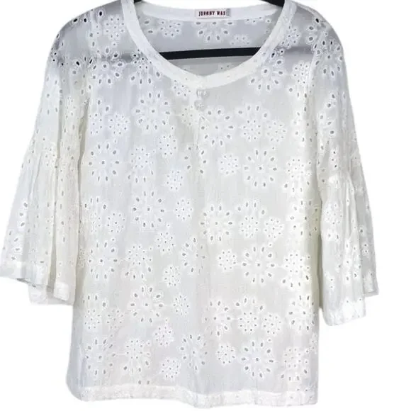 Johnny Was XS Top Blouse Shirt Eyelet Lace Ruffle Embroidered Cottage Core - Picture 2 of 5